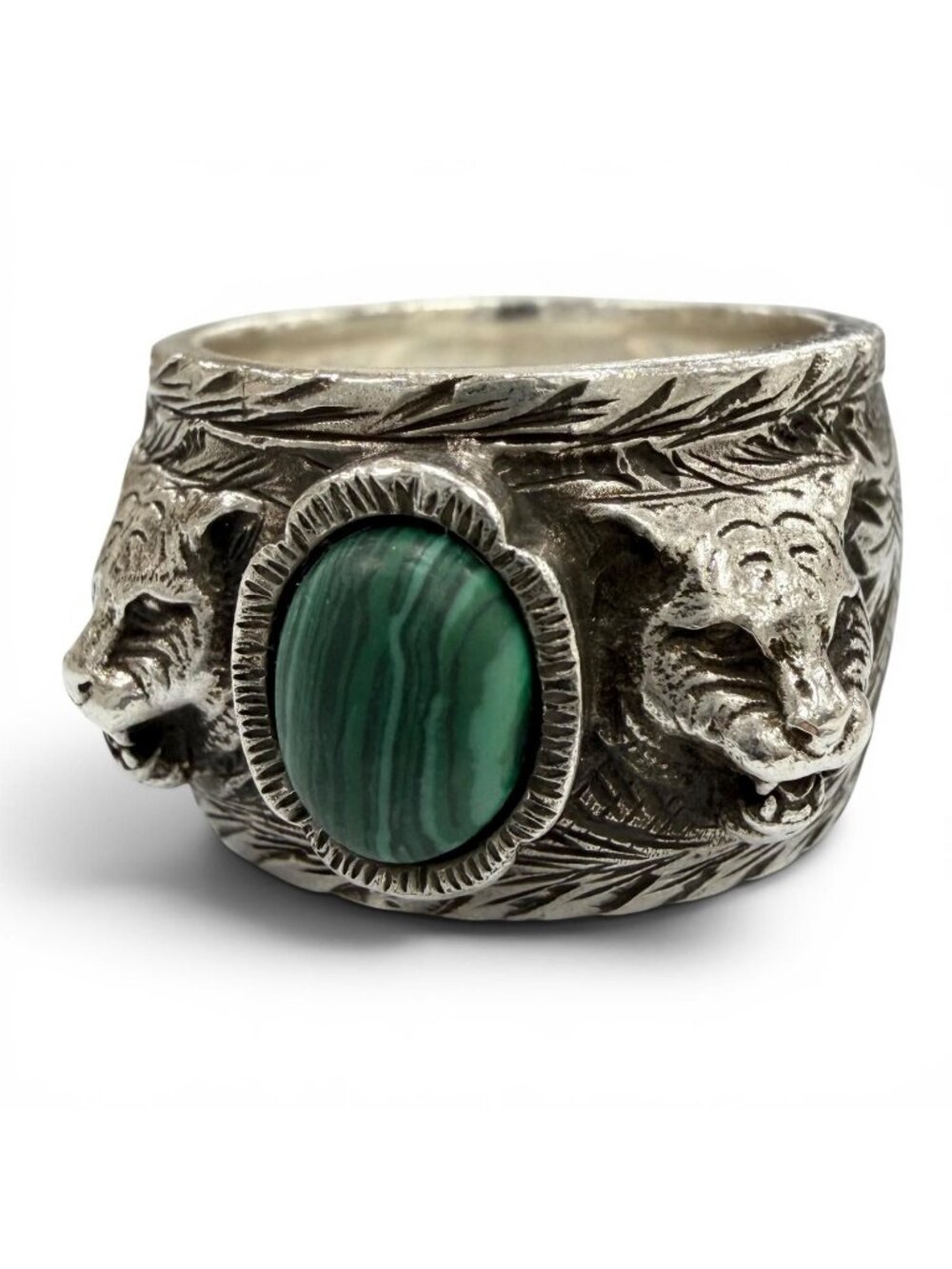 Gucci Arabesque Garden Cat Head Malachite Ring Silver - Picture 1 of 11
